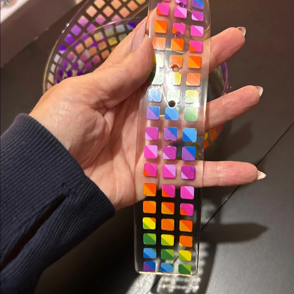 VINTAGE Clear PVC Jelly Belt Metal Buckle Rainbow Squares Disco Y2K